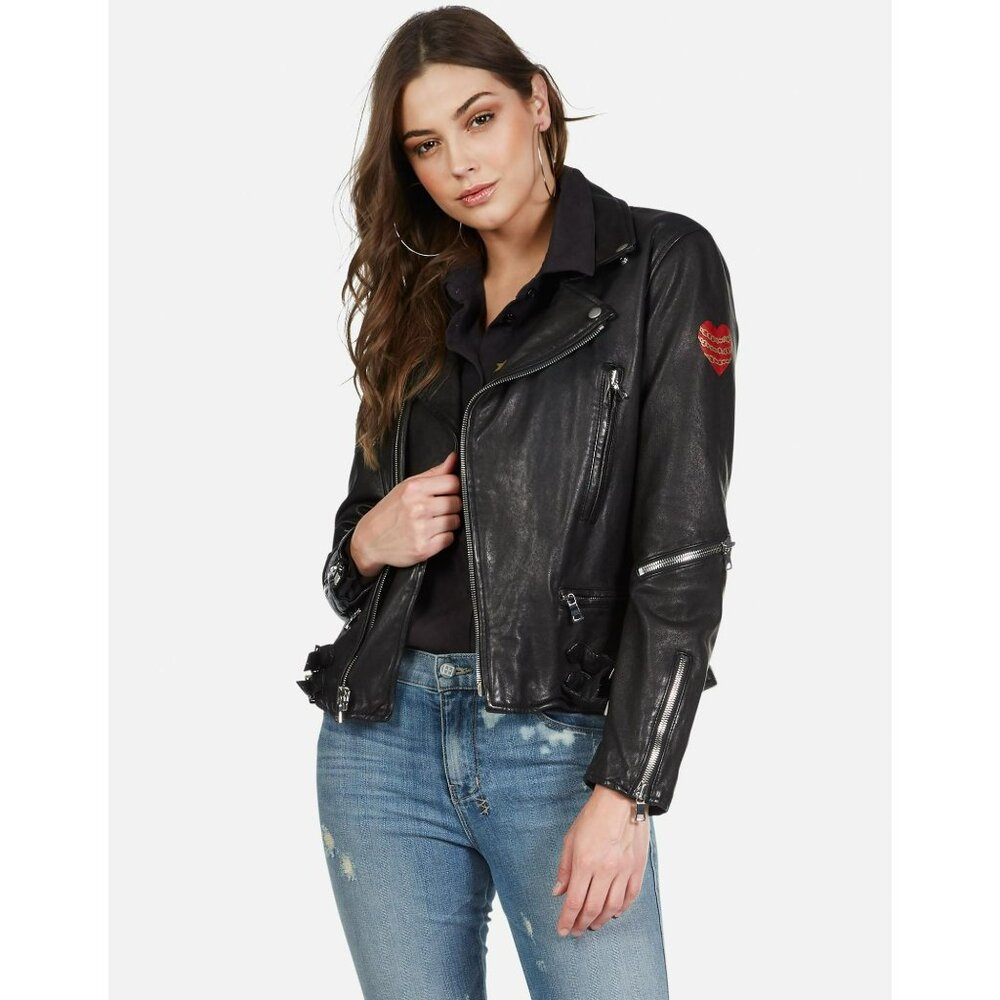 Y-4. Lauren Moshi Posey Gold Chain Lip Leather Jacket Black Small - Picture 5 of 5